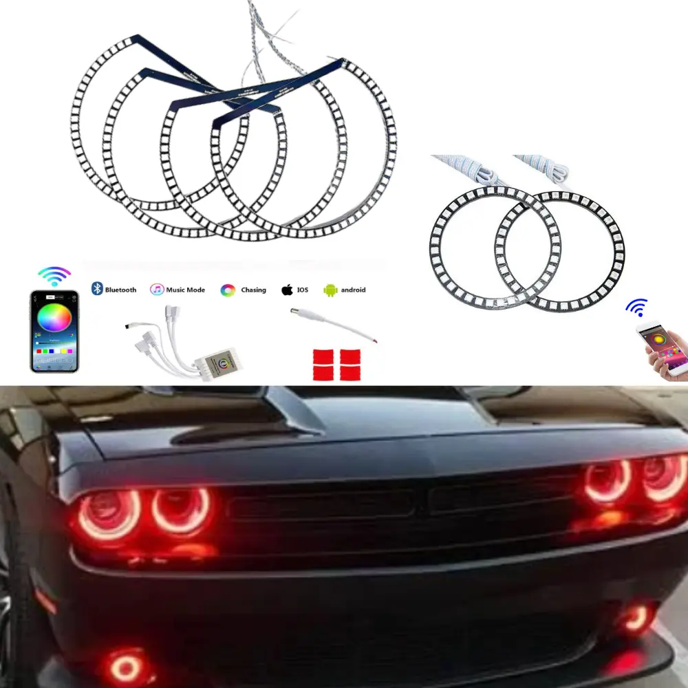 AkiHalo APP BT RGB LED Angel Eyes Halo Rings for 2006-2014 Dodge Challenger Headlight Car Retrofit, Demon Light, Fog Lights, DRL
