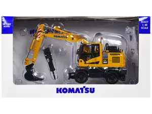 Komatsu PW180-11 Excavator Yellow with Standard Bucket and Hydraulic Breaker 1/50 Diecast Model by Universal Hobbies