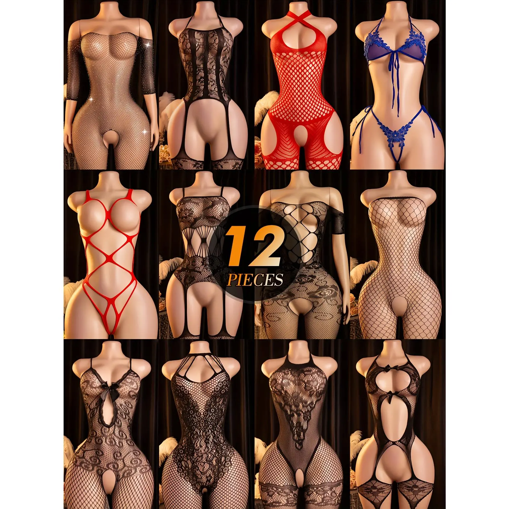 12pcs Women'S Sexy Bodysuit & Lingerie Set - Hollow-Out Lace Corset, Thong, and Garter Belt in 12pcs Women'S Sexy Bodysuit & Lingerie Set - Hollow-Out Lace Corset, Thong, and Garter Belt in