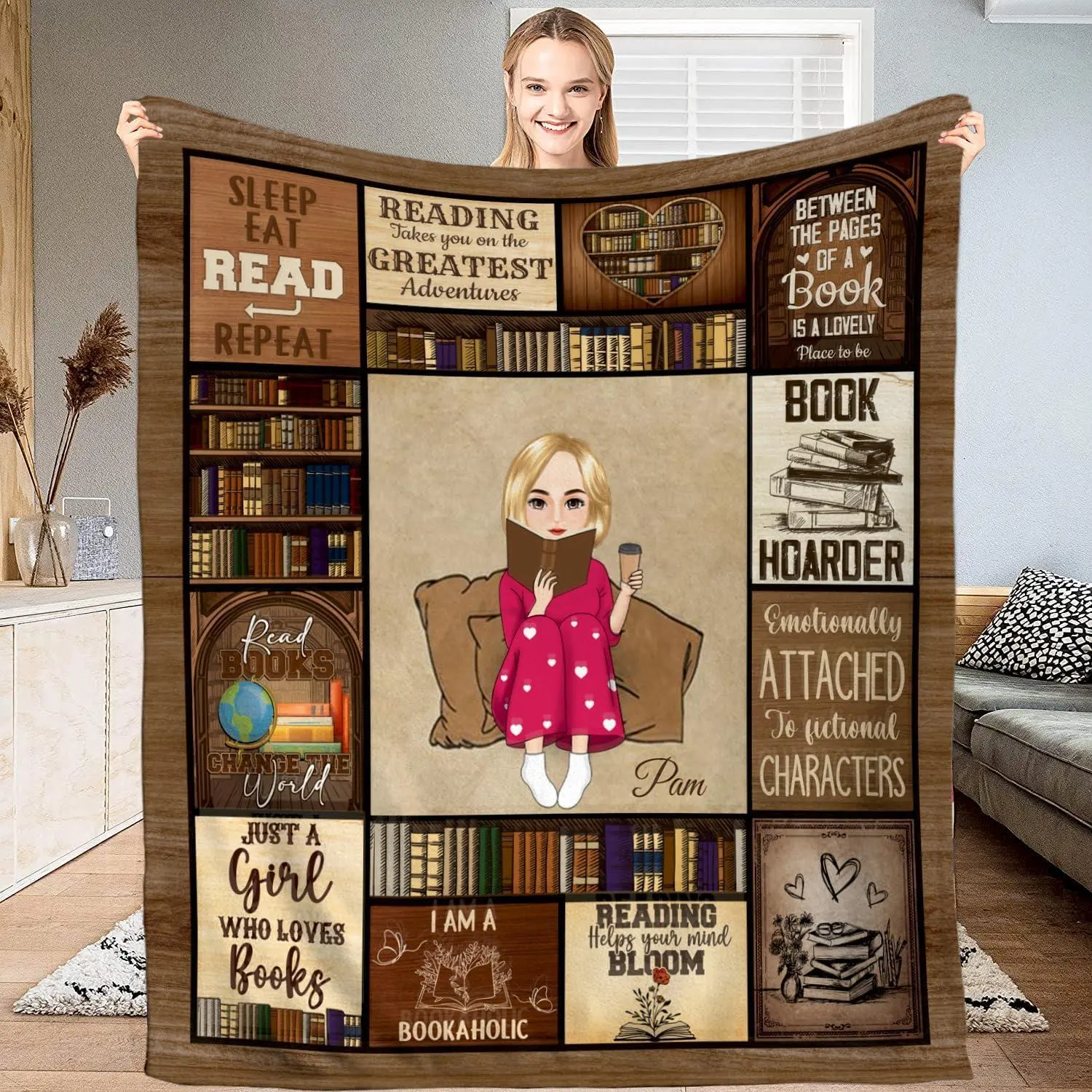 Customized Reading Blanket and Throw Book Lovers, Daughter Gifts, Cozy Throw for All Season (Bookshelf and Girl)