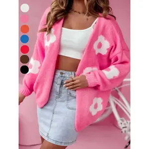 Plus Size Floral Print Drop Shoulder Cardigan, Casual Long Sleeve Open Front Knitwear for Fall & Winter, Women's Plus Clothing for Daily Wear