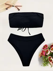 Two-Piece Set Women's Solid Color Swim Tube Top & Swim Panty Bikini Set, Casual Fashion Chic Swimwear Set for Beach Holiday Vacation, Ladies Swimsuit for All Seasons