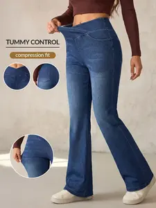 Women's High Waist Elastic Cross-Over Knit Flare Jeans, Spring Summer All Seasons, Super Stretch Stretchy Sporty Style, Slim Fit Denim Jeans Womenswear