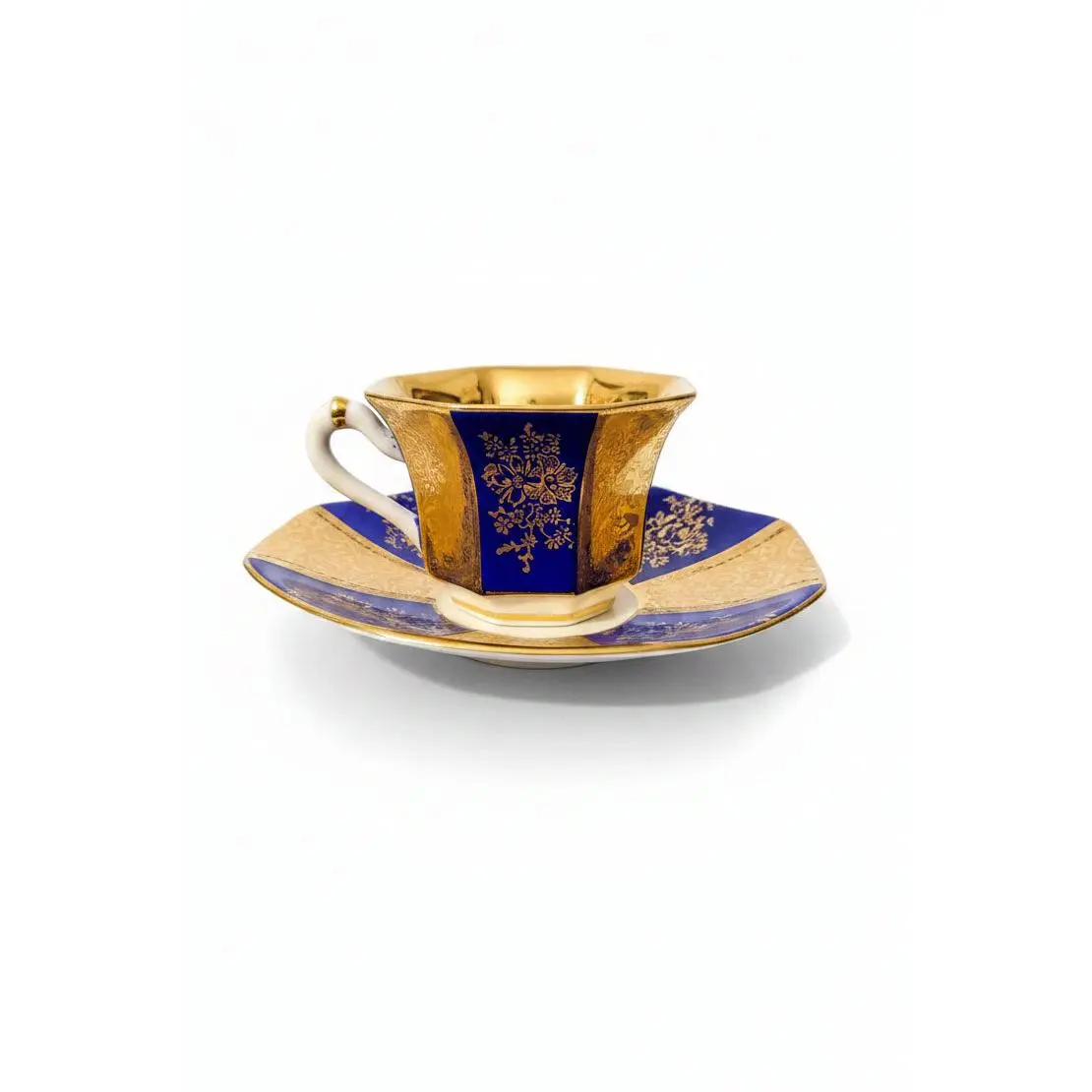 Retro 1950s German Bavarian Porcelain Geometric Octagon Demitasse Tea Cup and Saucer Single Set - Cobalt Blue Panels, Floral Motif, 1.75" Height Cup, 4.5" Diameter Saucer, Small Capacity Ceramic Kitchenware Drinkware for Tea Time