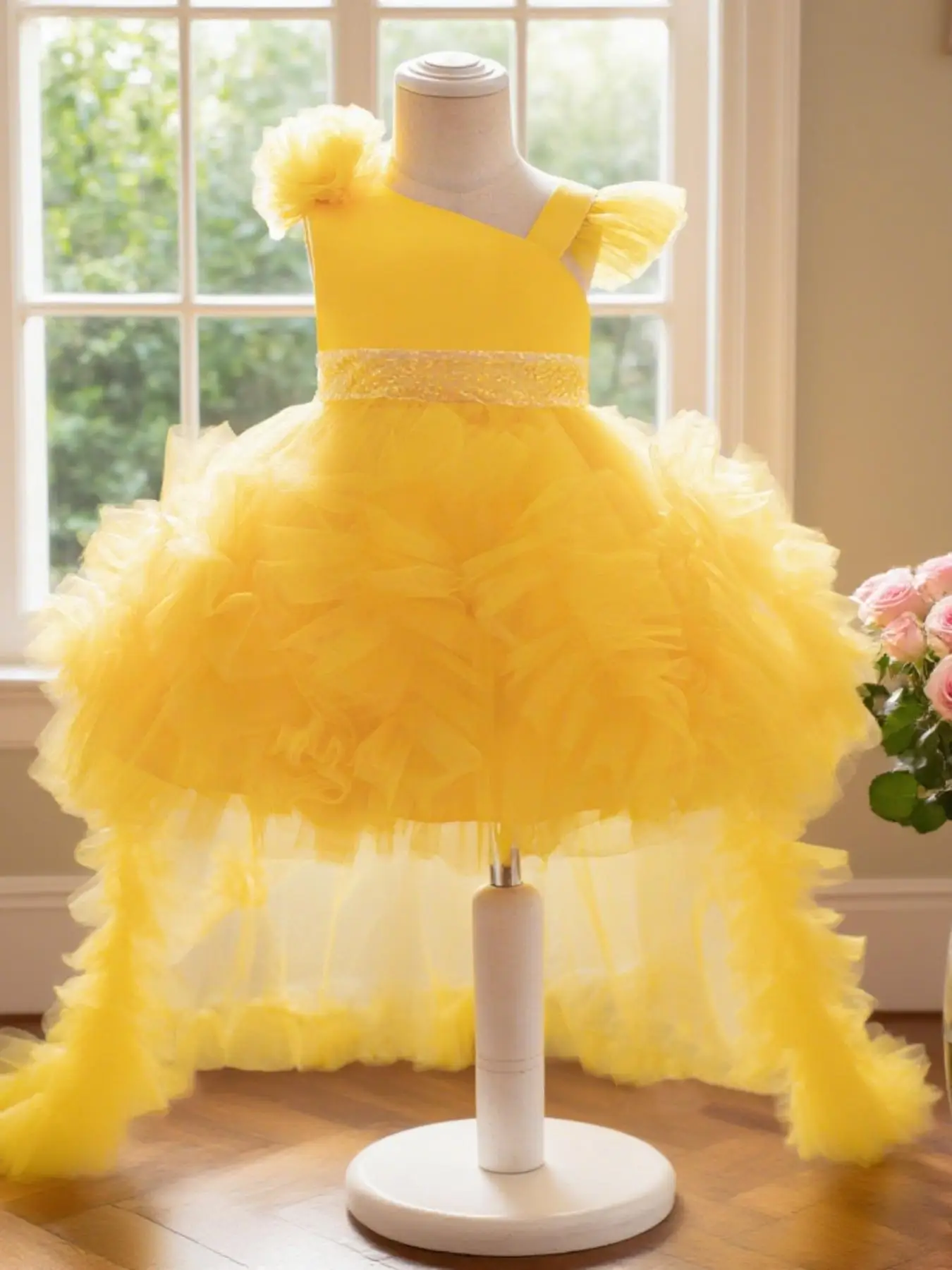 Girl's Floral Appliques Contrast Mesh Sheer Ruffle Hem Dress, Elegant Asymmetrical Neck Sleeveless Zipper Back Tutu Poofy Dress for Party Performance