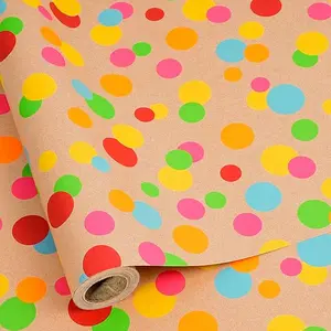 Kraft Wrapping Paper Roll Colorful Polka Dots Design Perfect for Birthday Holiday Wrap 17 inch X 33 feet.