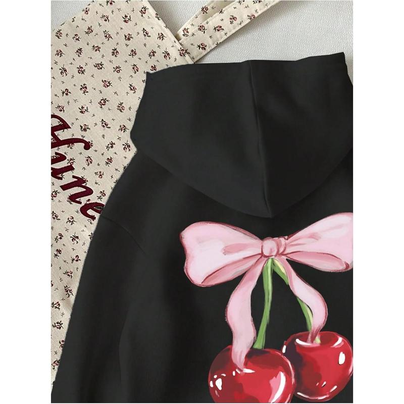 Girl's Cherry Graphic Hoodie Long Sleeve Hooded Sweatshirt Cute Pullovers Tops