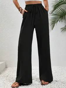 women's solid color ice silk pants Casual Fashion Pants wide leg pants loose pants casual pants size XL-5XL