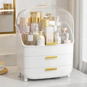 3-Tier Skincare Makeup Organizer with Drawers and Lid for Vanity and Bathroom Countertop, Large Cosmetic Storage Box Case for Dresser, with Non-Slip Base