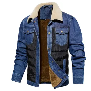 Men's Sherpa Trucker Jacket Fleece Denims Jacket Turn-Down Collar Puffer Jacket Warm Winter Coat with Pockets