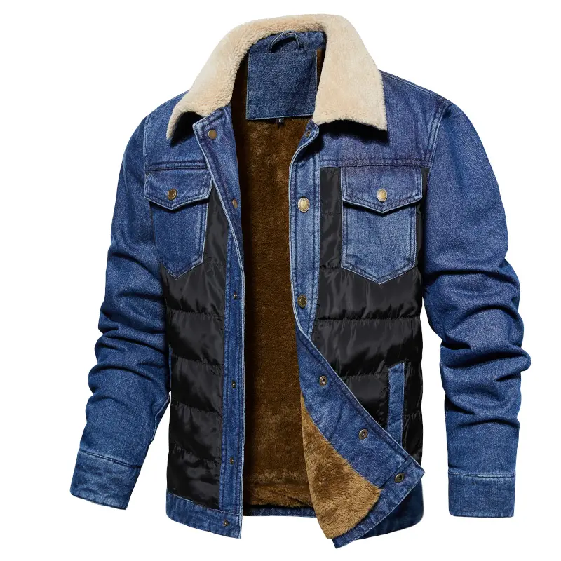 Men's Sherpa Trucker Jacket Fleece Denims Jacket Turn-Down Collar Puffer Jacket Warm Winter Coat with Pockets