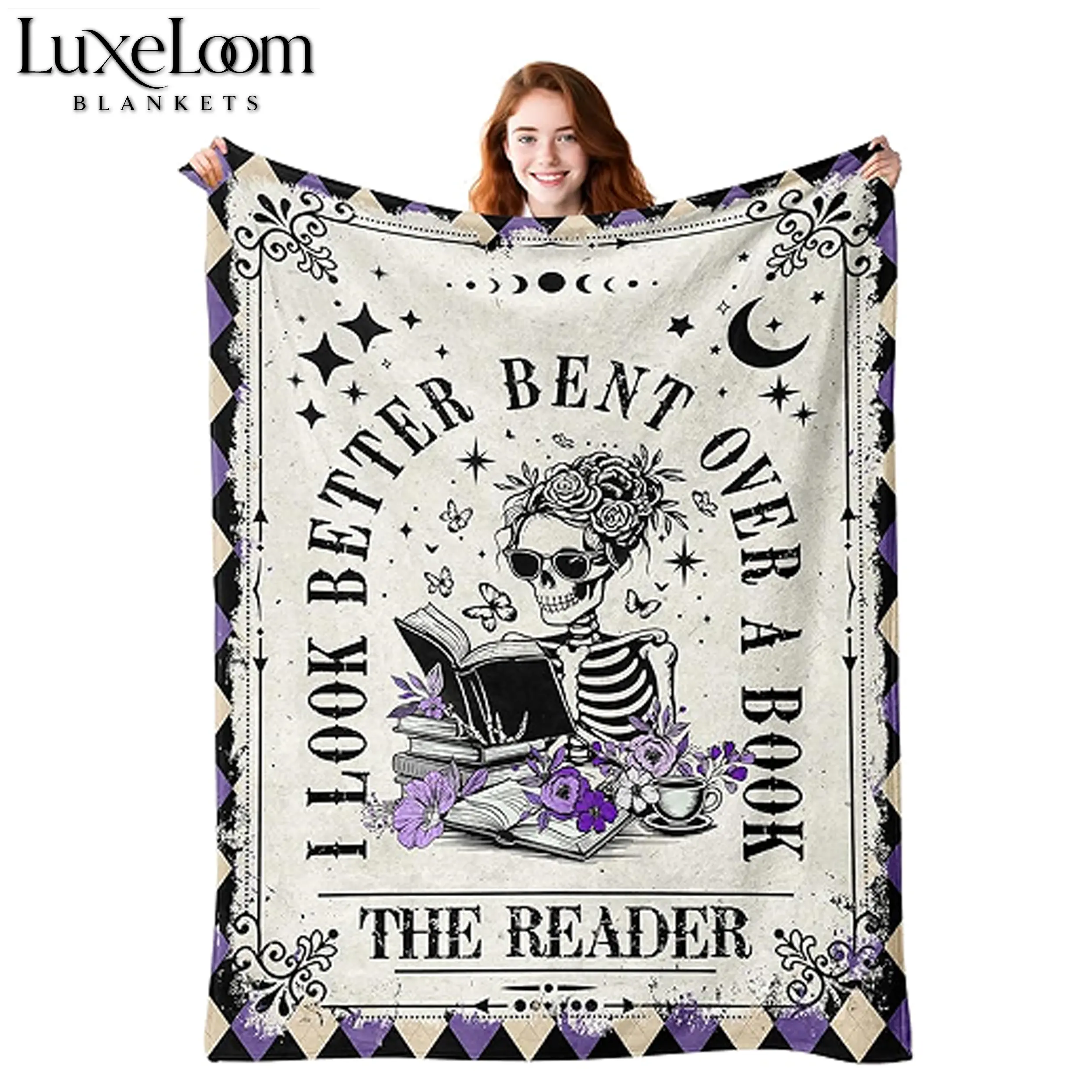 Flannel Fabric Book Lover Throw Blanket - Gothic Print Skeleton Reader Motif Soft Texture Blanket for Couch, Bookish Home Decor Gift for Women, Librarians, Love