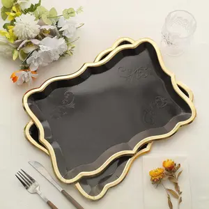 10-Pack Paper Rectangle Serving Trays 14"x10" Black with Gold Rim - 400GSM Heavy Duty Disposable Cardboard Party Platters for Stylish Food Displays