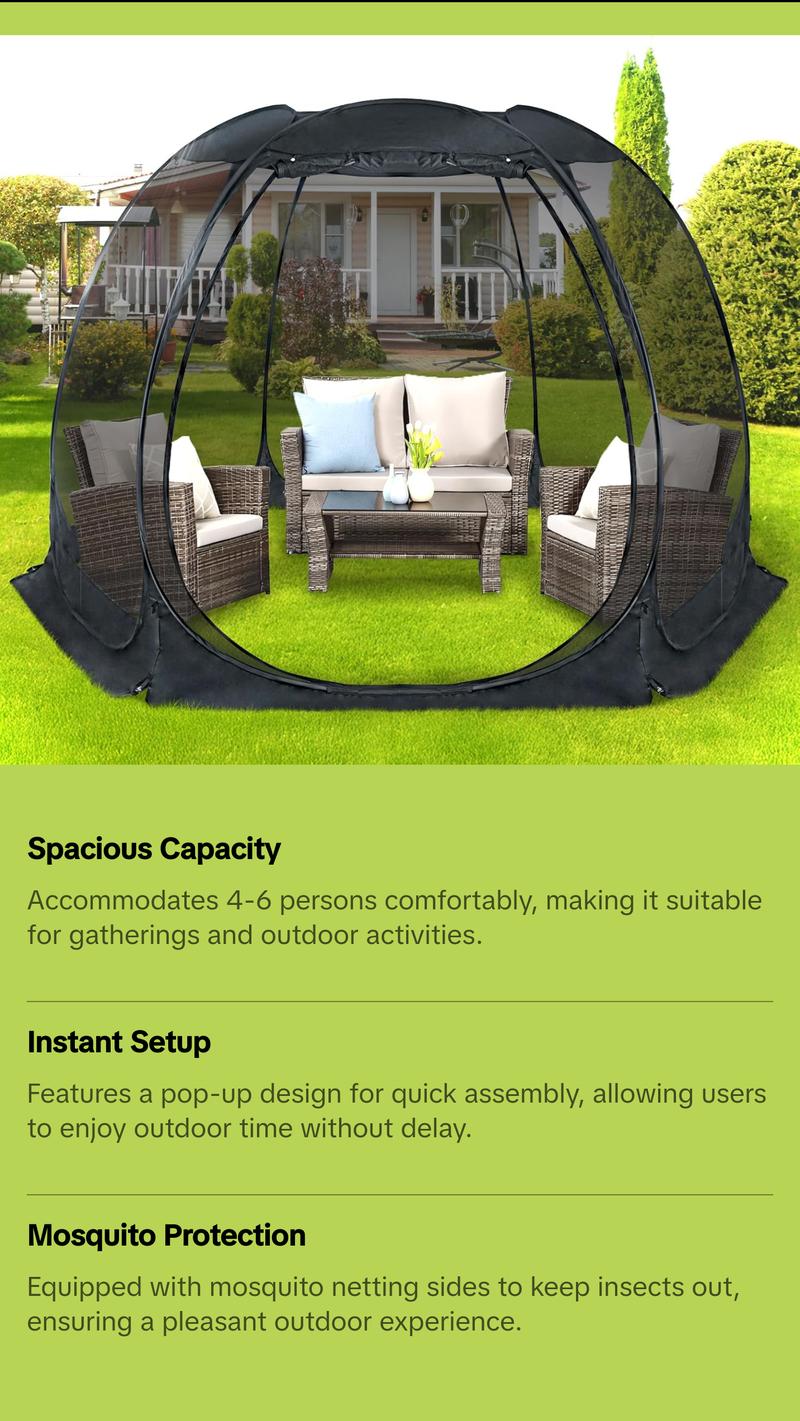 Screen House Gazebo, 4-6 Person Pop Up Igloo Screened Canopy Tent with Mosquito Netting Sides, Instant UV Resistant Sun Shelter for Garden, Patio, Backyard, Black