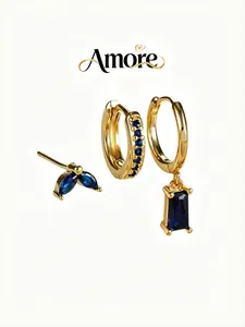 3-Piece Women's Ear Jewelry Set, 14k Huggie Earrings, Cartilage-Style Petite Design, Square-Shaped Studs, Perfect Gift