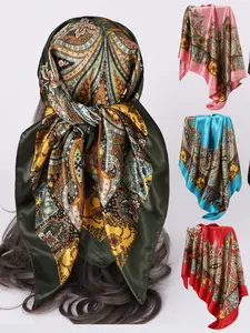 Women's Classic Nut Pattern Silk Scarf, Trendy Versatile Cross-Border Fake Silk Headscarf, 90cm Square Towel, Fashion Accessory, Silk Feeling Scarf