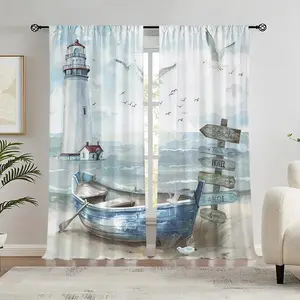 Ocean Beach Lighthouse Pattern Curtain, 2 Counts Semi-blackout Curtain, Window Covering for Home Living Room Bedroom Decor, Home Decoration Curtain