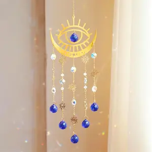 Large Crystal Wind Chime Dream Catcher with Evil Eye Wall Decor, Bohemian Sun and Moon Hanging Prism for Home Garden and Ceiling Decoration