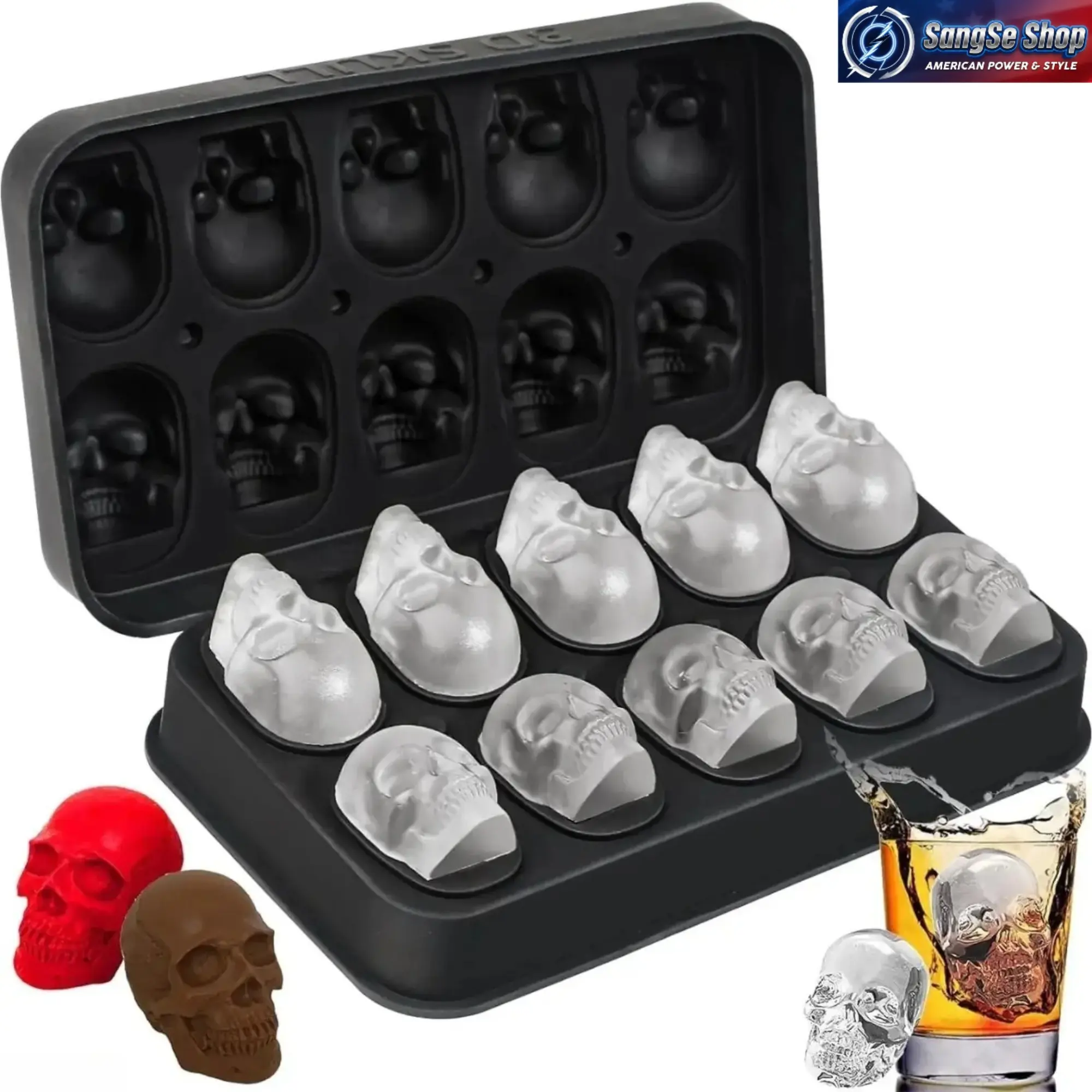 Silicone Skull Ice Cube Mold, Flexible 10-Cavity Ice Maker with Lid & Funnel for Party Drinks, Chocolate, Candy & Resin Crafts