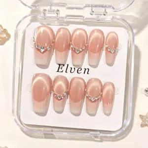 Handmade Nude Pink Cat Eye Press On Nails - Ombre French Tip with Heart Rhinestone Chain, Medium Long Coffin Reusable Fake Nails, Salon Quality