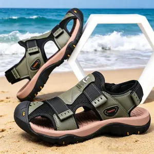 Men’s beach shoes — non-slip, adjustable crisscross laces, thick sole, quick-dry mesh flat rubber design, suitable for walking daily leisure
