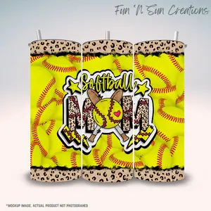 Softball Mom Tumbler - 20oz Leopard Print Yellow Softball Cup with Lid and Straw - Stainless Steel Sports Mom Gift - Game Day Mug Drinkware