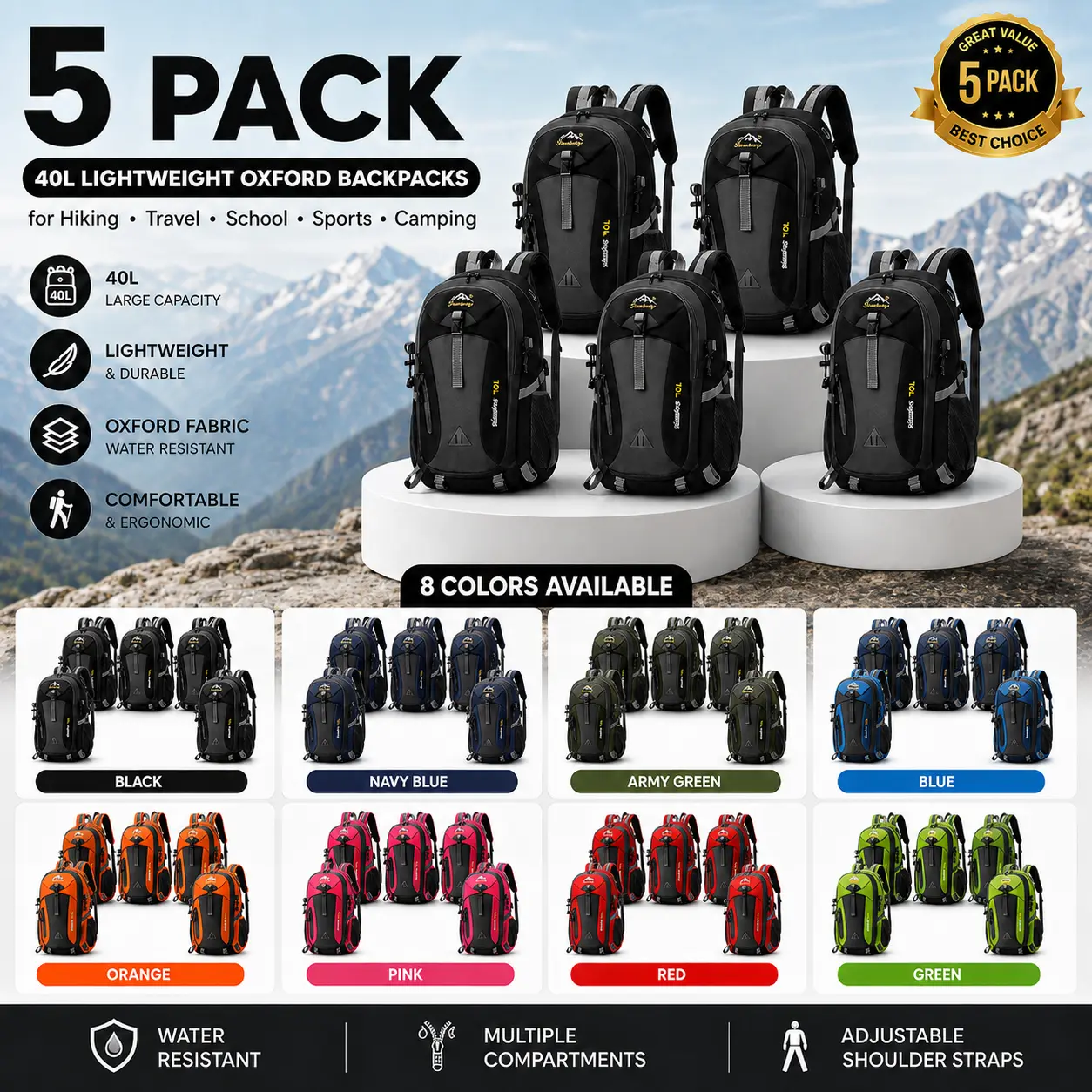 5-Pack 40L Lightweight Oxford Backpacks, School Bags for Hiking, Travel, Premium Backpack, Hiking Daypack, Camping & Sports