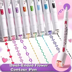 8-Pack Floral Contour Pens, Planner Curve Pens, Decorative Flower Design Markers, Scrapbook Roller Pen, Handwriting Report Pens