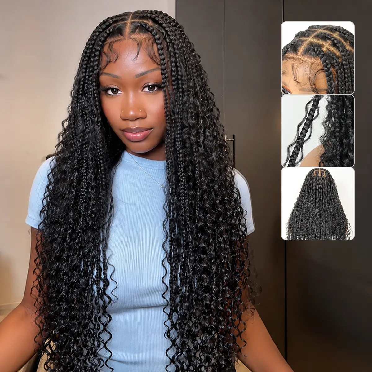 Boho Braided Wig 36Inch Full Lace Premium Synthetic Knotless Box Braid Wig with Baby Hair Bohemian Curly Ends Boho Braided Wig 36Inch Full Lace Premium Synthetic Knotless Box Braid Wig with Baby Hair Bohemian Curly Ends