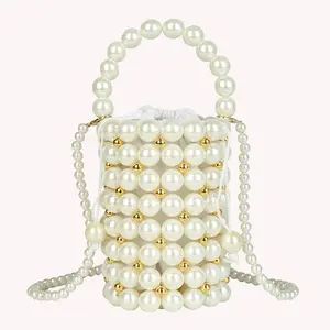 Bridal Pearl Purse Brides Wedding Beaded Bucket Clutch Shower Ivory Gold Bag Bridesmaid Hen Honeymoon mother of pearl Wristlet Strap Cute Crossbody Removeable Evening Bags Small Pearl Evening Purse Baby Shower Gift