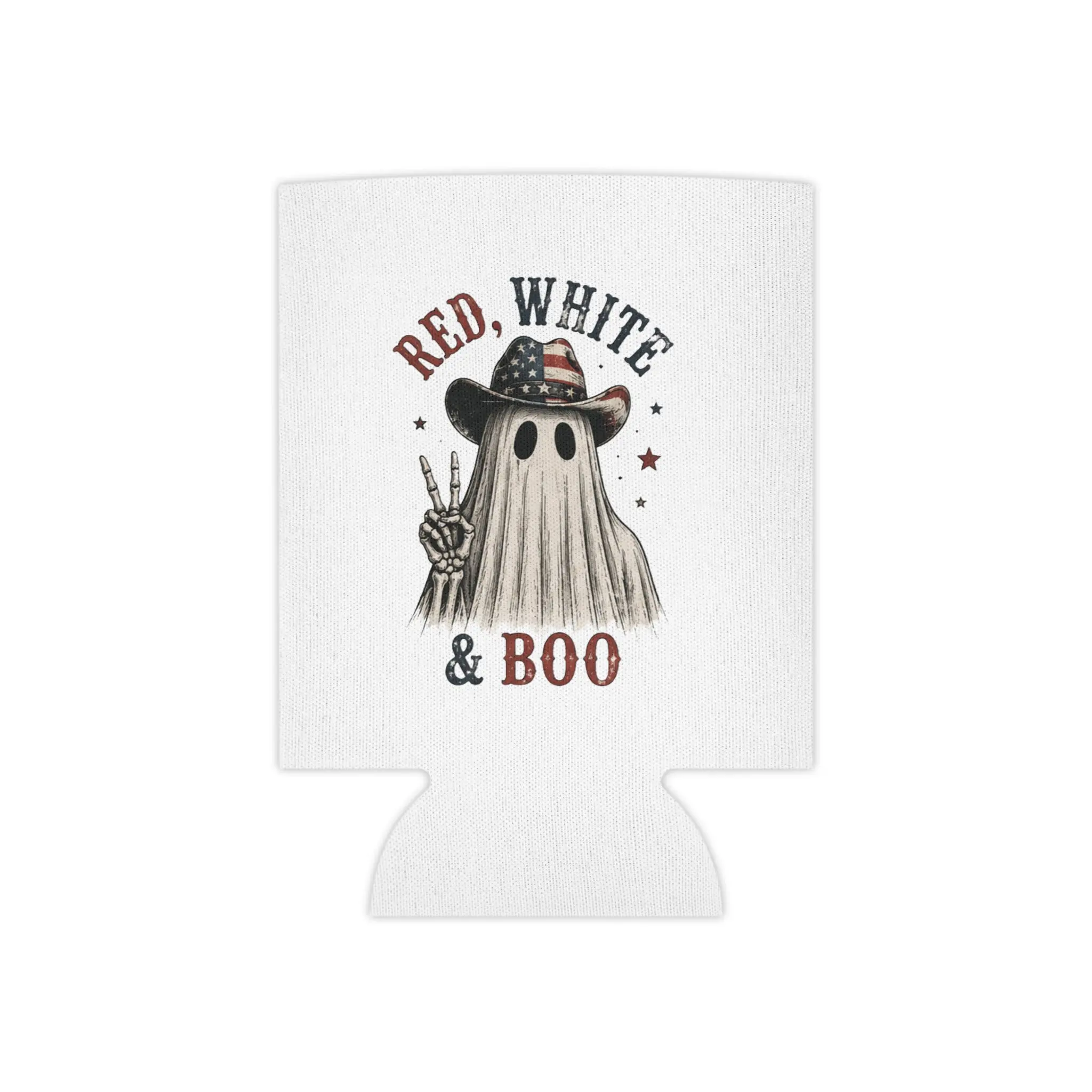 Red, White & Boo Can Cooler — Patriotic Halloween Drink Koozie