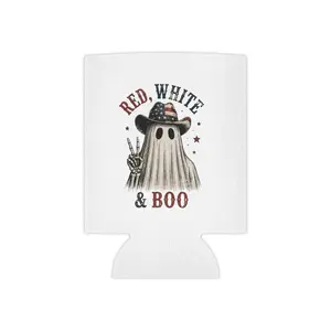 Red, White & Boo Can Cooler — Patriotic Halloween Drink Koozie