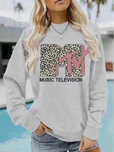 Women's Casual Loose Fit Mtv Leopard Print Pullover Sweatshirt, Soft Long Sleeve Round Neck, All-Season Comfort, Durable Knit Fabric