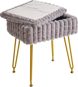 Rectangle Vanity Chair with Storage Space, Footrest Footstool Ottoman, Vanity Stool, Dressing Table Chair, with Anti-Slip , for Makeup Room, Bedroom, Square Grid , Grey WBD004G