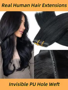 Jet 12-24 Inch Real Human Hair Extensions, Double Weft, Invisible PU, No Glue, Micro Beads, for Short or Thin Hair