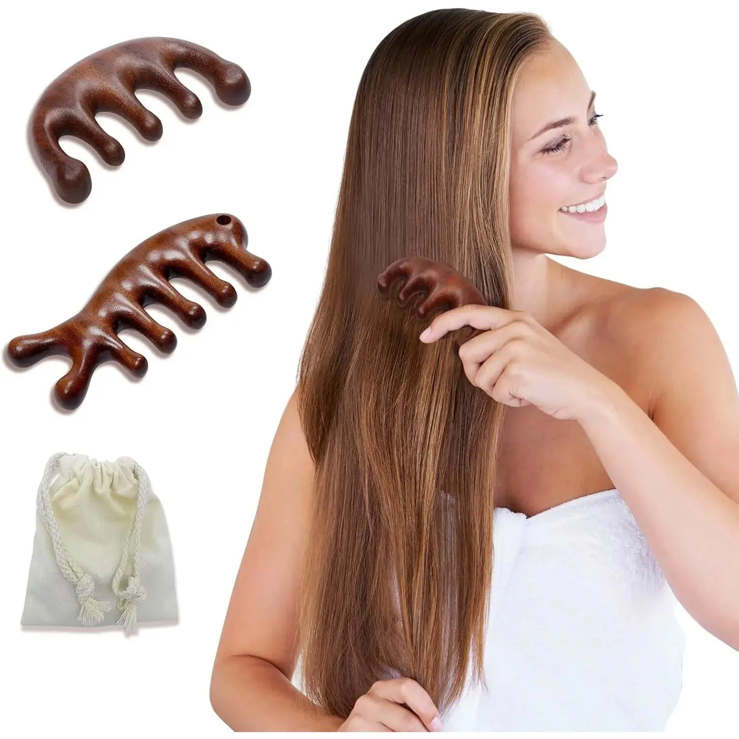 Adults' 2-Pack Solid Sandalwood Head Massager Comb Set - Sturdy Manual Scalp Scratcher with Bigger Teeth, Dual Ends, Gua Sha Tool for Hair Growth, Neck Relaxation, Smooth Beauty & Body Care, Nice Gift Set (Headmassagers for Self-Care), V