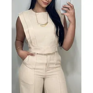 2pcs Round Neck Cap Sleeve Crop Top And Casual Pocket Design Straight Pants Set ☾