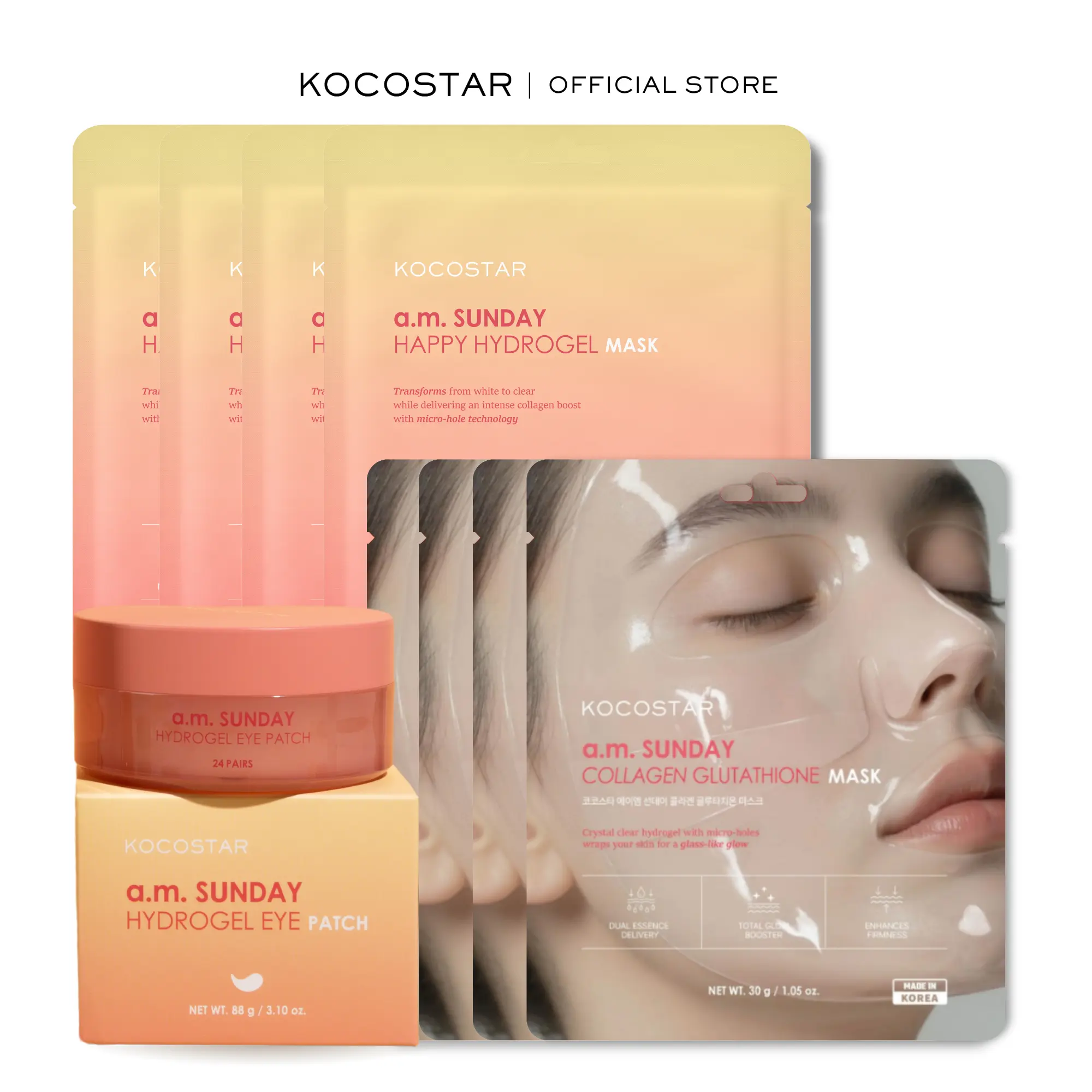 KOCOSTAR a.m Sunday Collection, Happy Hydrogel Mask, Hydrogel Under Eye Patches, and Collagen Glutathione Mask Bundle, Hydrating Korean Facial Care Set