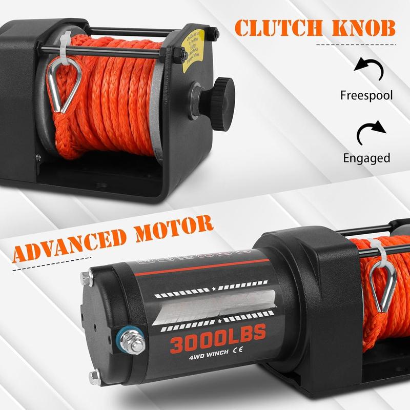 3000 lb Electric Winch for ATV UTV Trailer Boat Synthetic Rope Winch 12V DC Off Road Towing Winches with  Remote Mounting Bracket