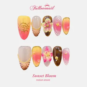Fullovenail Medium Almond 10 PCS Sunset Bloom Handmade Press on Nail REUSABLE 3D Gel Fake Nails Acylic Press on Nail/Christmas Autumn Fall Winter Peret 2025