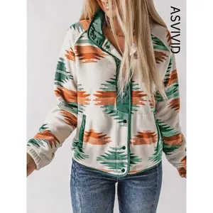 Women's Ethnic Pattern Button Front Pocket Jacket, Casual Western Style Long Sleeve Raglan Sleeve Stand Collar Zipper Outerwear Coats, Ladies Clothes for Daily Wear Womenswear, Casual Longline Outerwear