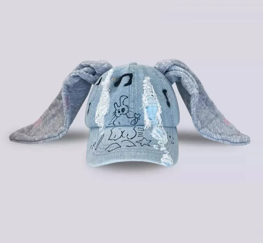 NewJeans-Inspired Rabbit Ears Denim Cap – Washed Graffiti Duck Tongue Hat | Sweet & Cool Hip-Hop Style Baseball Cap for Street Fashion Lovers