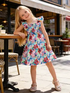 Girls' Summer New Tropical Floral Sleeveless Dress, Sundress, Ruffle Hem A-Line Casual Elegant Vacation Style, Fashionable and Comfortable, Floral Pattern Dress