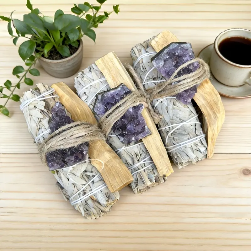 Natural Sage & Holy Wood Smudge Bundle Set with Raw Amethyst Cluster Ornament, Woody Scent Aromatherapy Incense Kit with Light, for Indoor-Outdoor Decor, Birthday-Anniversary-Valentine’s Day Gift for Crystal Lovers, Outdoors