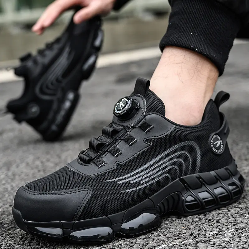 Men's Athletic Safety Sneakers, Closed-Toe Walking Shoes with Flyknit Upper, Heavy Duty Puncture-Proof Industrial Safety Gear, Round Toe, Steel Toe