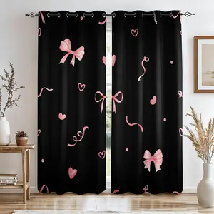 2 Panels Pink Bows & Hearts Printed Curtains, Light Blocking Rate 85% Darkening Curtains, Aesthetic POD Decorative Curtains For Bedroom Living Room, Cute Trendy Window Treatment Drapes