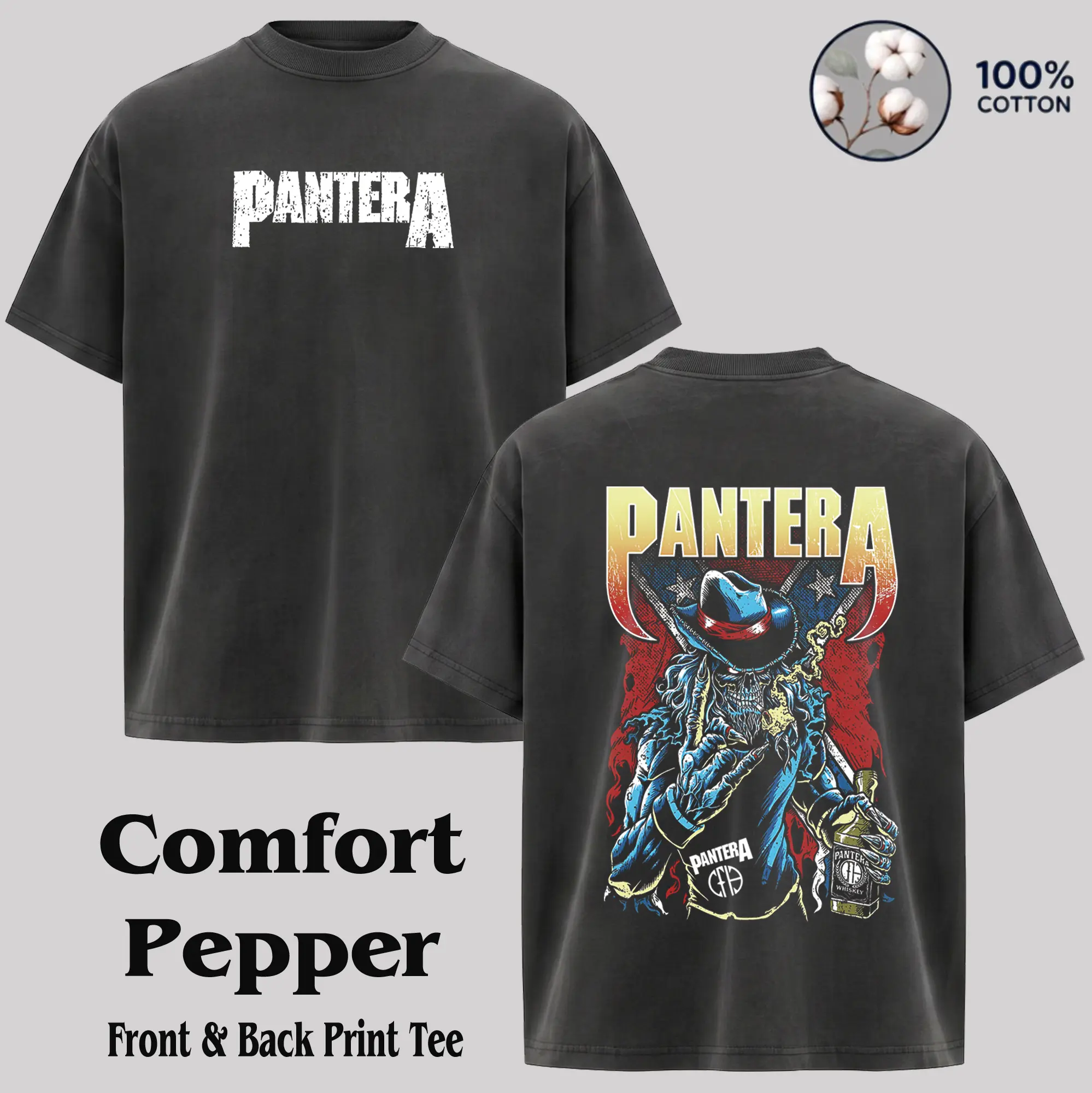 Pantera Men's Shortsleeve Round Neck T-shirt, Breathable 100% Cotton Vintage Washed Whiskey Graphic for Casual Outdoor Wear, Fabric, Unisex, Print, Vintage T-Shirts, Fitted
