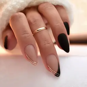 Sweet and Cool Almond-shaped Nails That Brighten the Complexion, Featuring a European and American Fashion Style with a Cool and Elegant Vibe. These Ins-style False Nails Come in a Dark Red Color with Golden Powder and Stone Texture, Perfect for