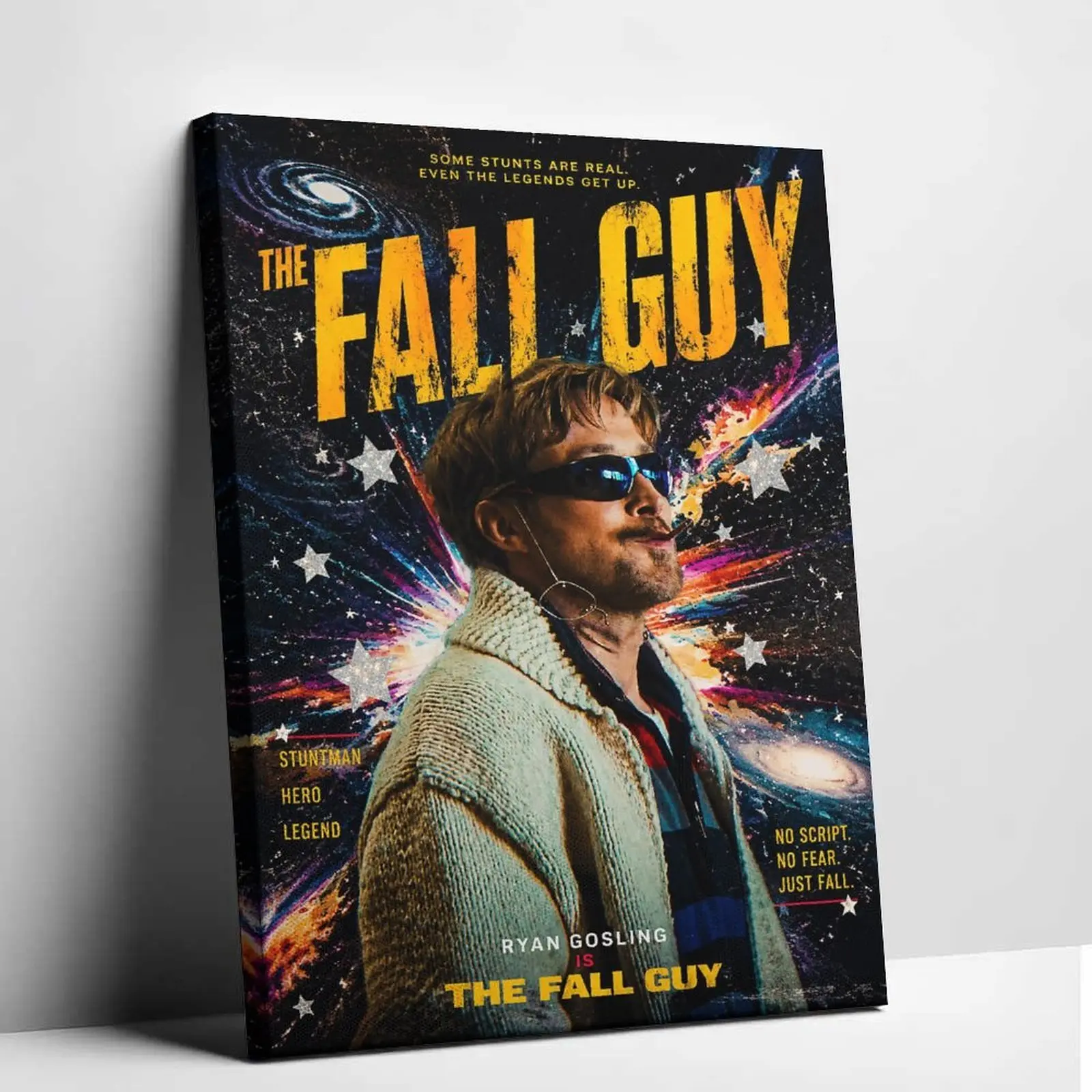 The Fall Guy Movie Poster Canvas Wall Art - Ryan Gosling Stuntman Hero Print, Action Comedy Film Decor, Retro Galaxy Stars Graphic, Home Decor for Living Room, Ideal for Movie Fans