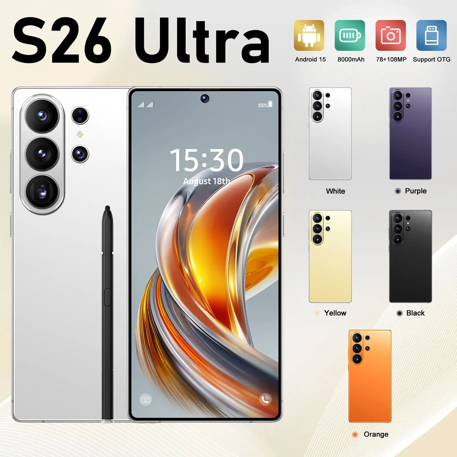 2026 Latest S26 Ultra 5G Android 15 Phone, 12GB+512GB, 6.99" HD Display, 78MP+108MP Dual Cam, 8000mAh, Face ID, Built-in Pen, Case & Screen Protector